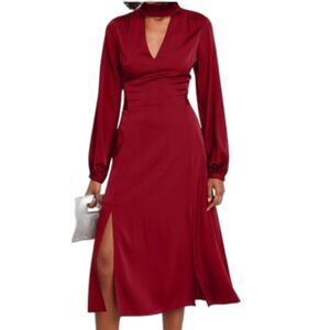 Intermix Victoria Deep Red 95% Silk Midi Dress, High Collar, Keyhole Neck, Sz 10
